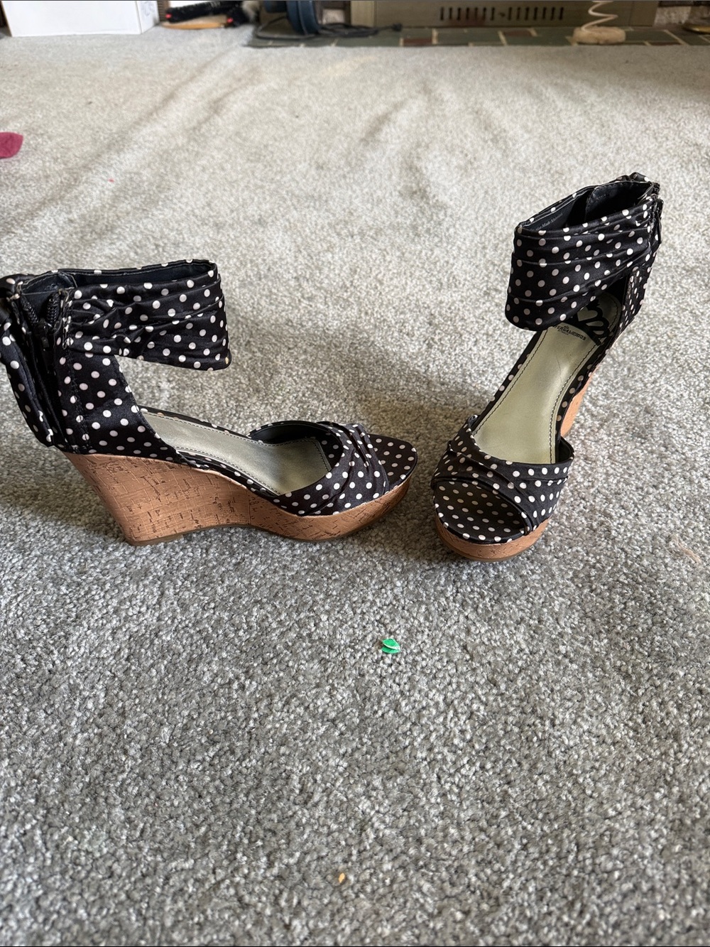 Polka Dot Ankle-Tie Wedge Sandals - Black/White